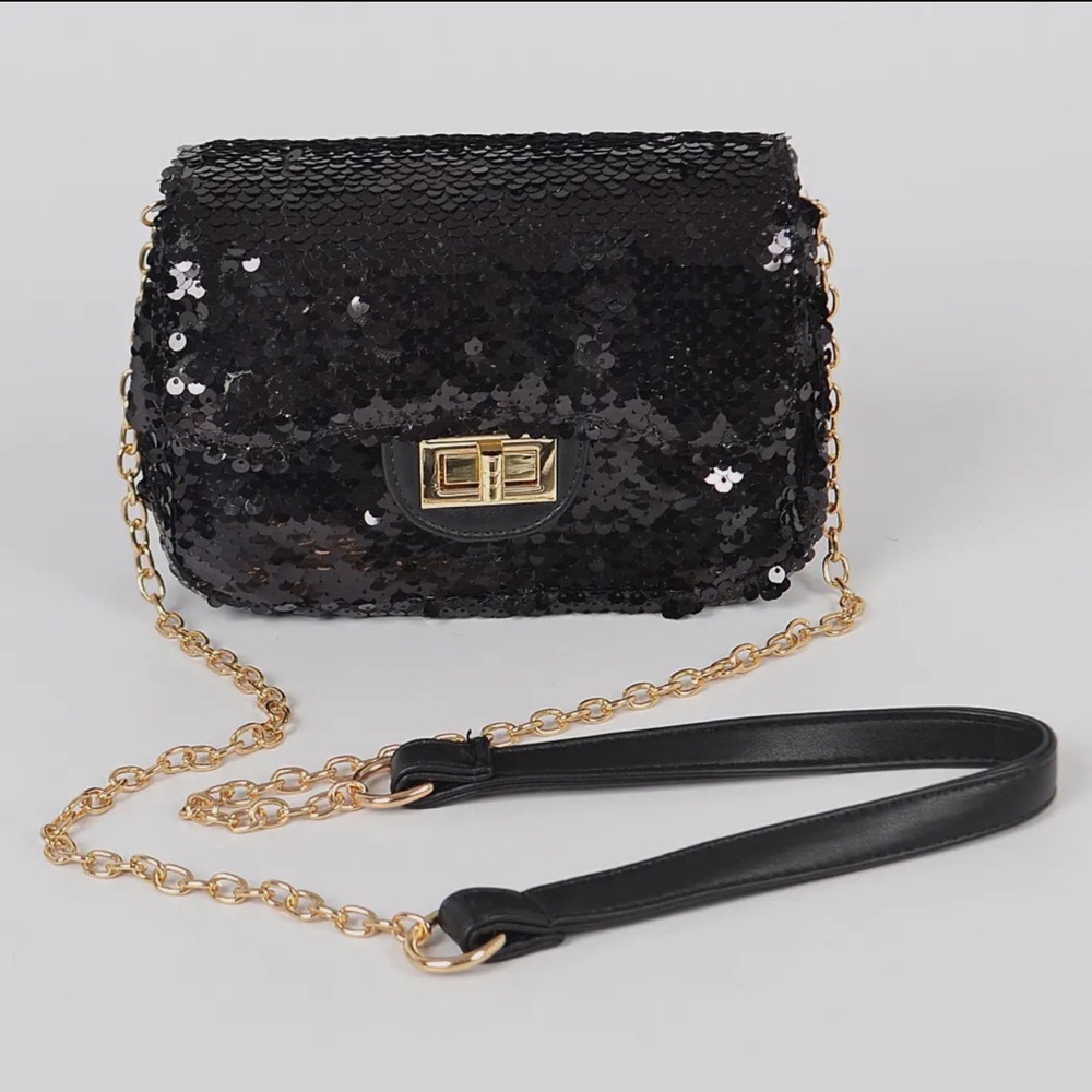 ShopEvelynne Black Sequin Crossbody Bag with Gold Chain